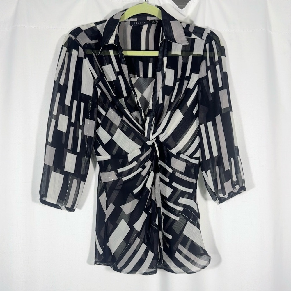Vintage Y2K Sioni Sheer Black & White Geometric Print Blouse